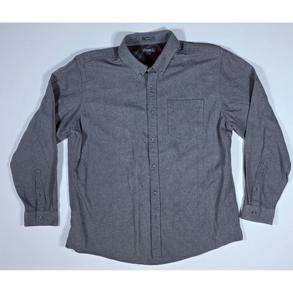 Eddie Bauer Men's XL Relaxed Fit Gray Cotton Flannel Button Down Long Sleeve